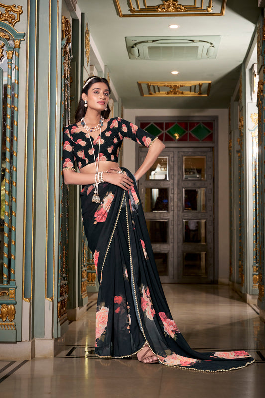 Elegant Georgette Saree - Floral Design, Lightweight Fabric