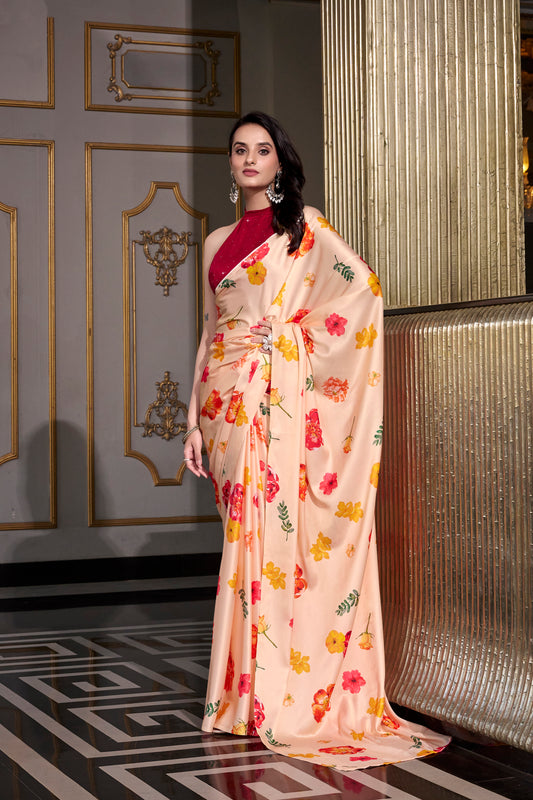 Elegant Floral Satin Saree | Traditional Indian Dress