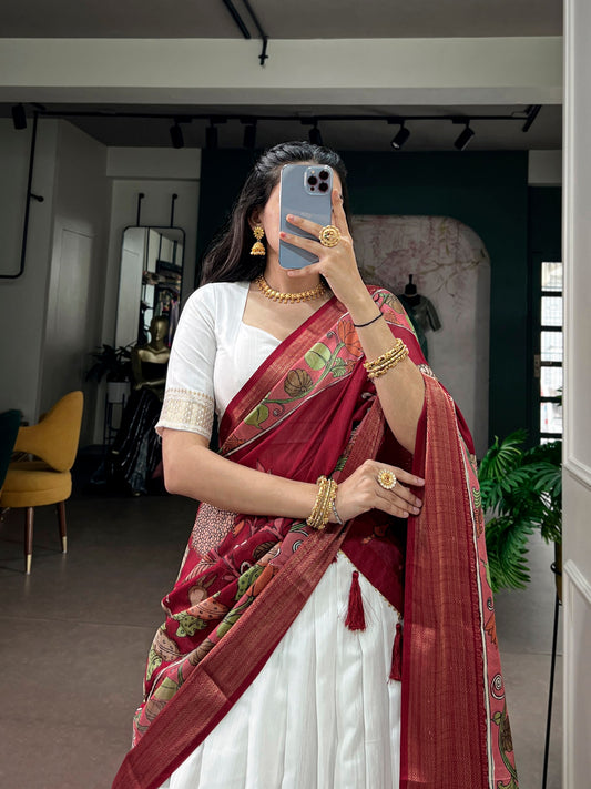RangBhoomi White Poly Kanjivaram Lehenga with Kalamkari Tasar Dupatta