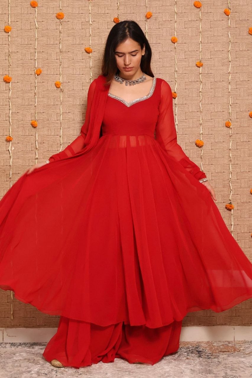 RangBhoomi Carmine Georgette 3-Piece Anarkali Suit Set — Cherry Red