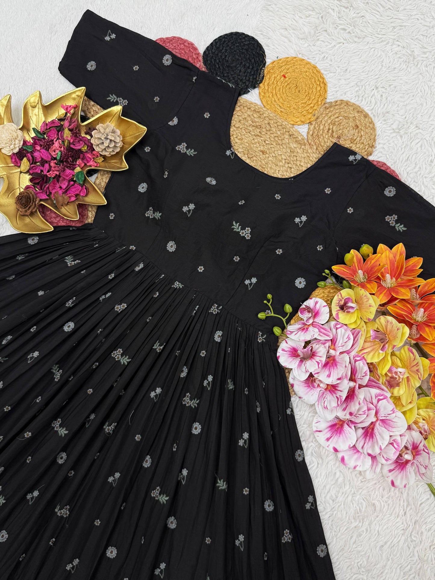 Exclusive Summer Mull Chanderi Gown with Floral Embroidered Thread Work – Elegance and Comfort Perfectly Combined