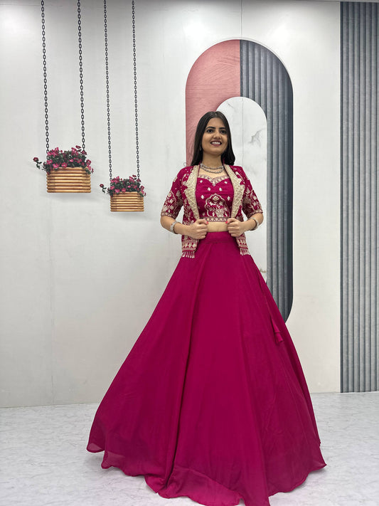 RangBhoomi Festival Special Embroidered Chinon Crop Top Set with Lehenga and Jacket