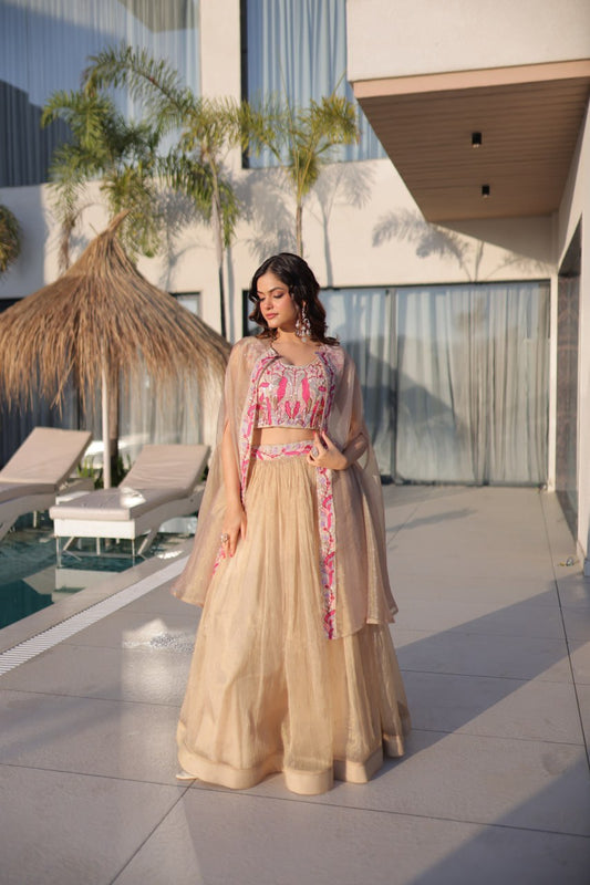 Elegant Sindur Silk Embroidered Lehenga Choli Set with Sleeveless Blouse and Matching Shrug