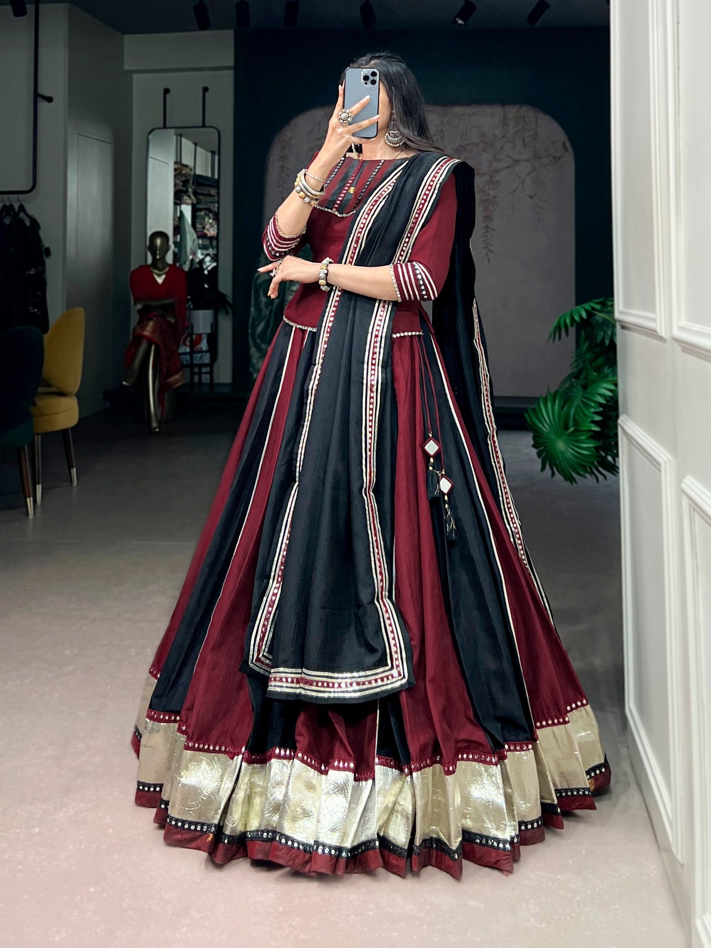 RangBhoomi Navratri Collection 2026 — Chinon Embossed Mirror Lehenga Set