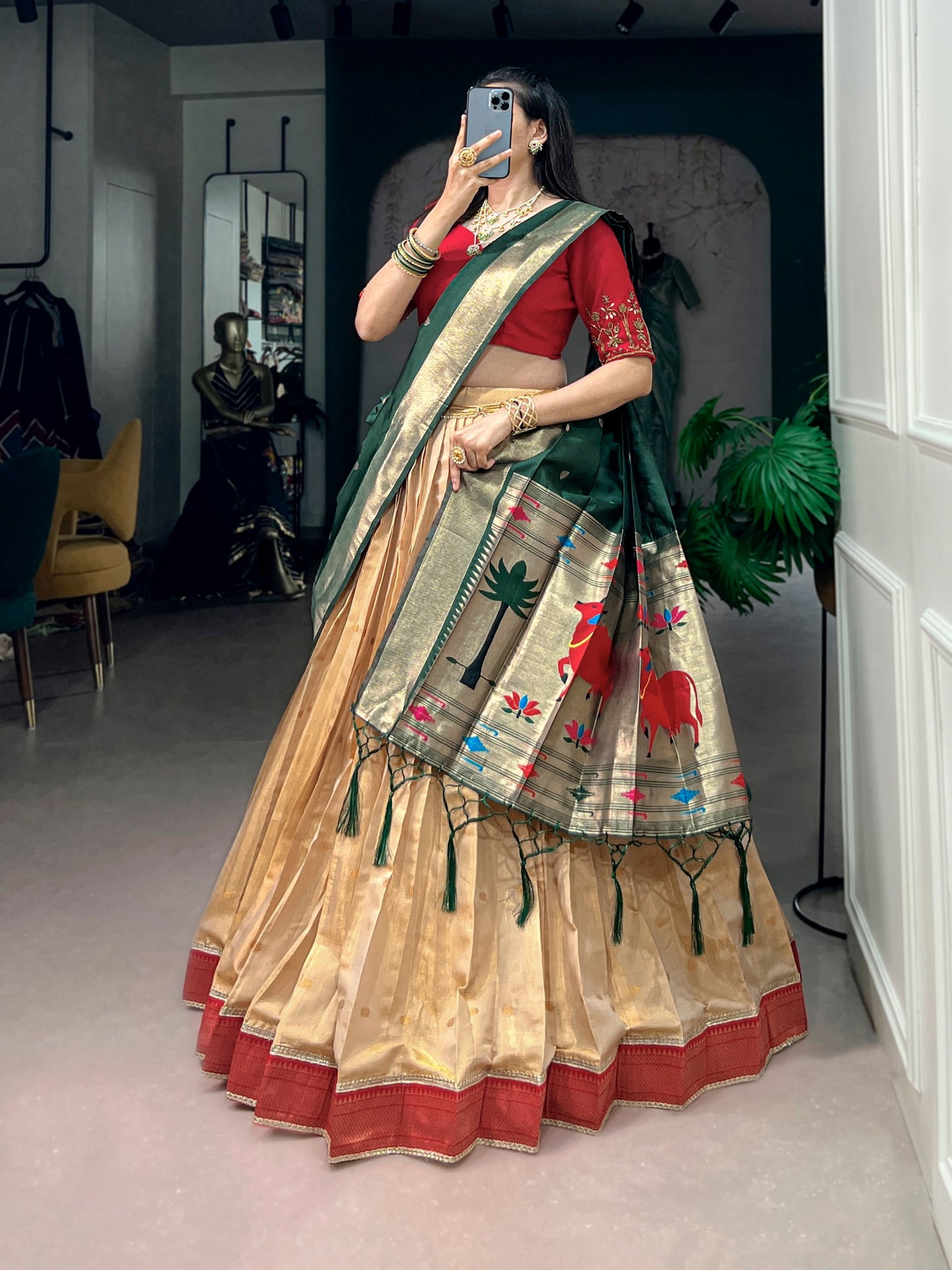 RangBhoomi Paithani Kanchipuram Silk Lehenga Set with Jacquard Paithani Dupatta