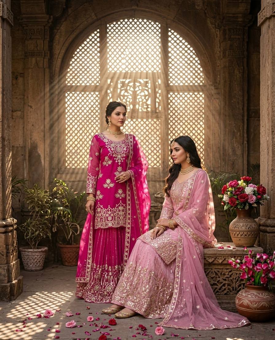 RangBhoomi Orgenza Twine Net Top, Sharara & Dupatta Set — Embroidered Ready-to-Wear