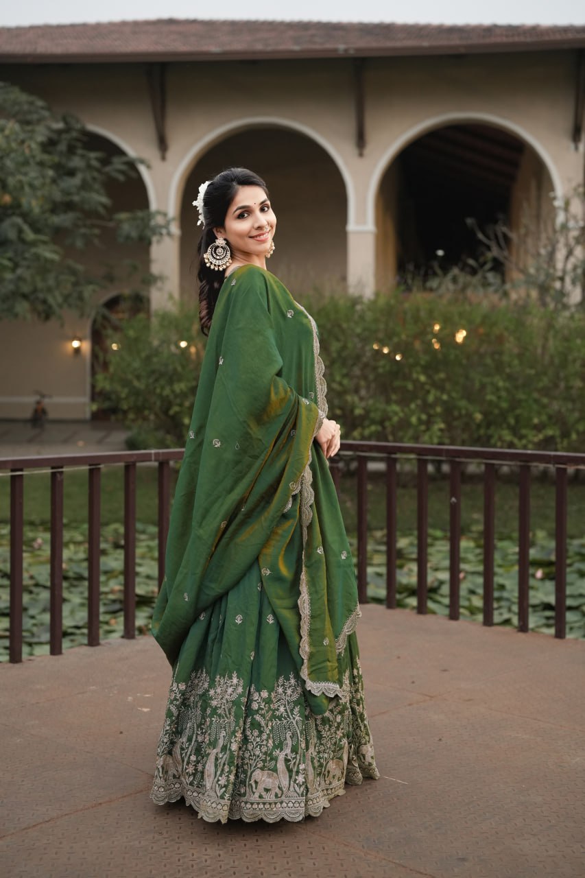 Elegant Olive Green Embroidered Lehenga Set for Festive and Wedding Celebrations