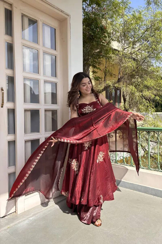 Elegant Party Wear Fendi Satin Gown Set with Dupatta and Pants Featuring 3mm Metallic Sequins and Intricate Zari Embroidery