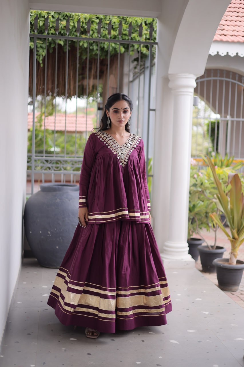 RangBhoomi Navratri Kora Cotton Full-Stitched Lehenga & Blouse Set with Mirror and Gota Work