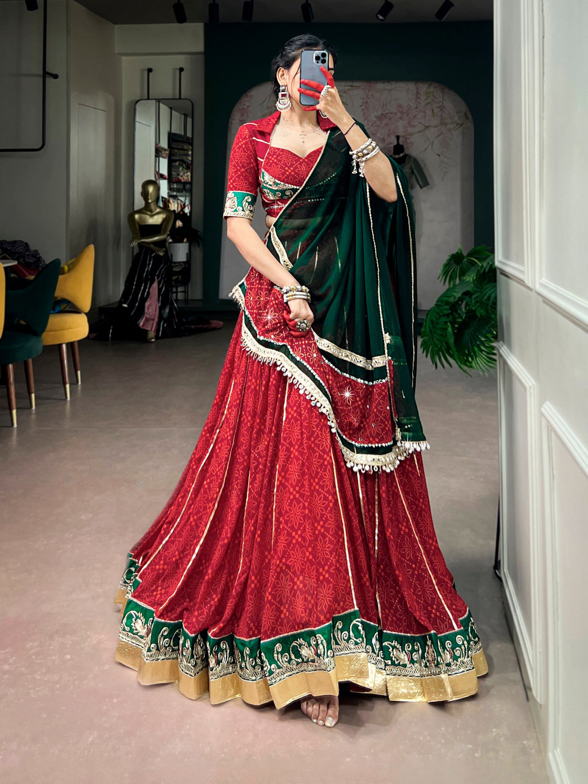 RangBhoomi Navratri 2026 Georgette Bandhej Foil Print Lehenga Set with Mirror Lace Dupatta