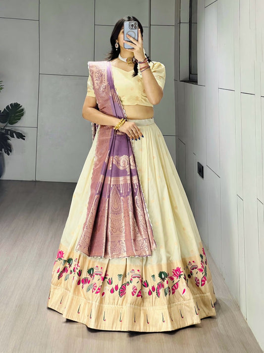 Exquisite Paithani Silk Lehenga with Vibrant Colorful Motifs, Iconic Gold Zari Border, and Signature Satin Silk Dupatta