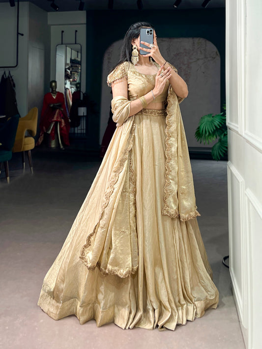 RangBhoomi Elegant Pastel Lehenga Collection with Gold Lace Detailing