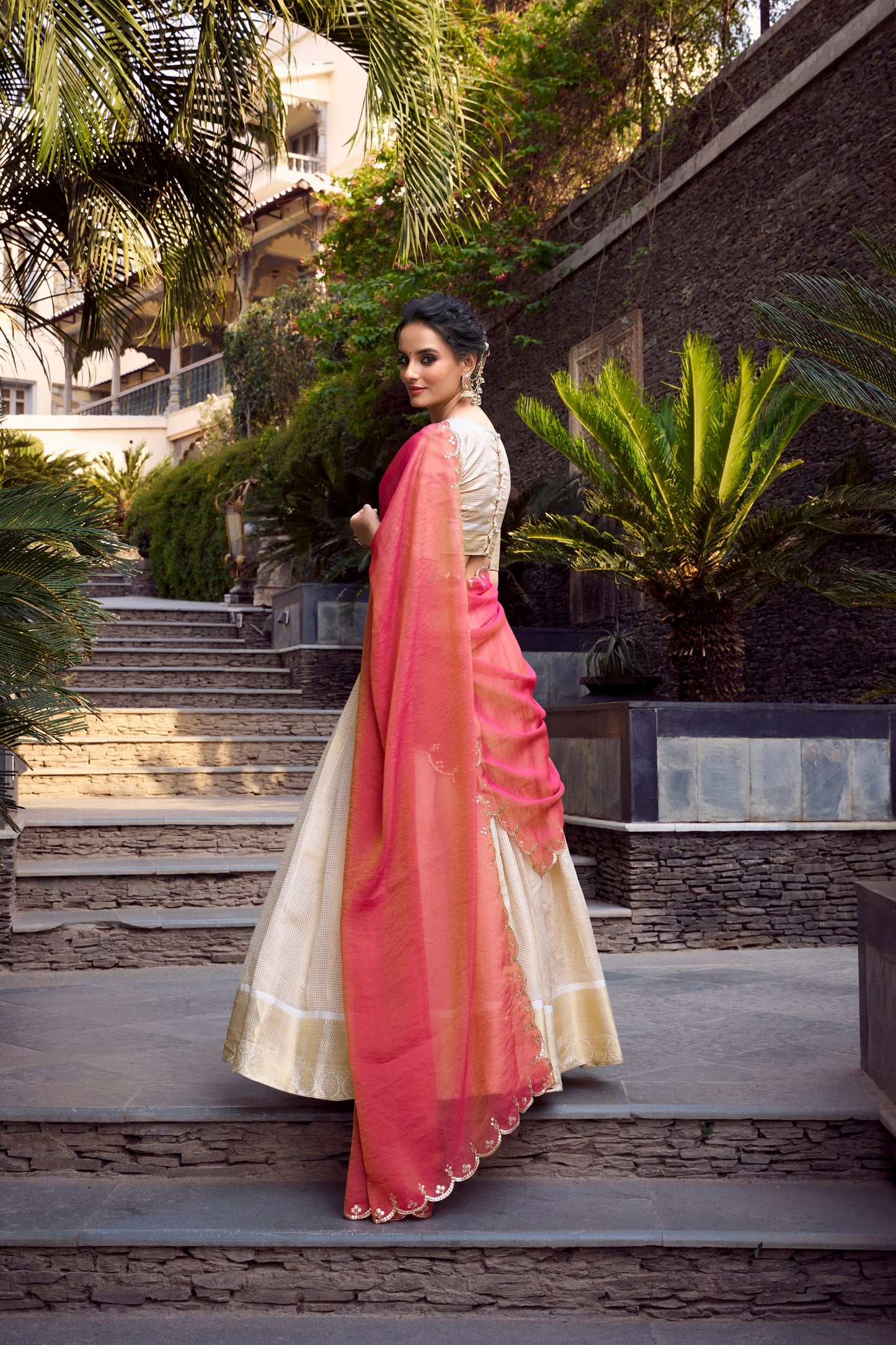 Elegant Golden Jacquard Lehenga Set with Zari Weaving and Sequined Shimmer Dupatta