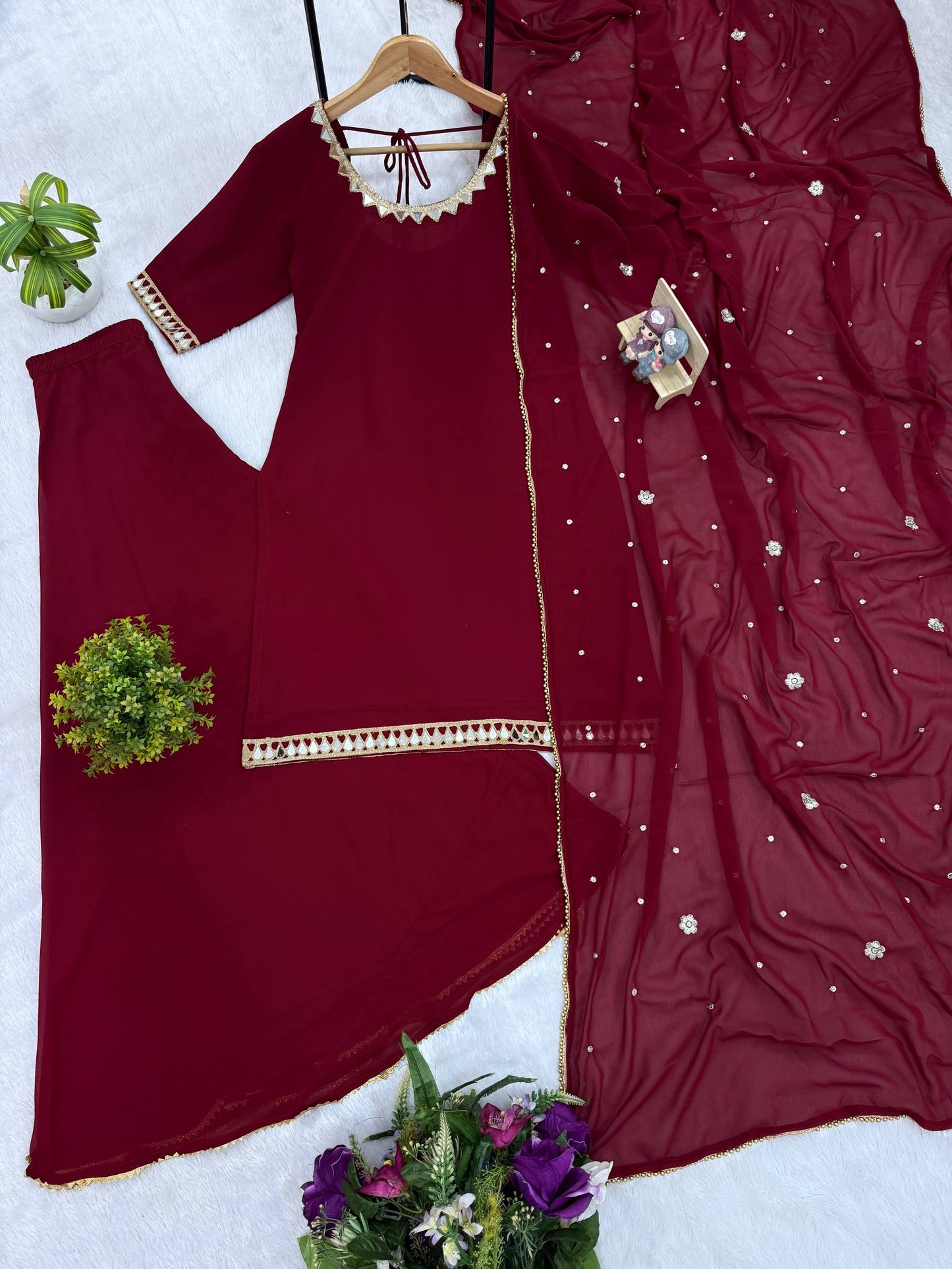 RangBhoomi Heavy Embroidered 3-Piece Suit Set with Real Mirror Work and Elegant Lace Border