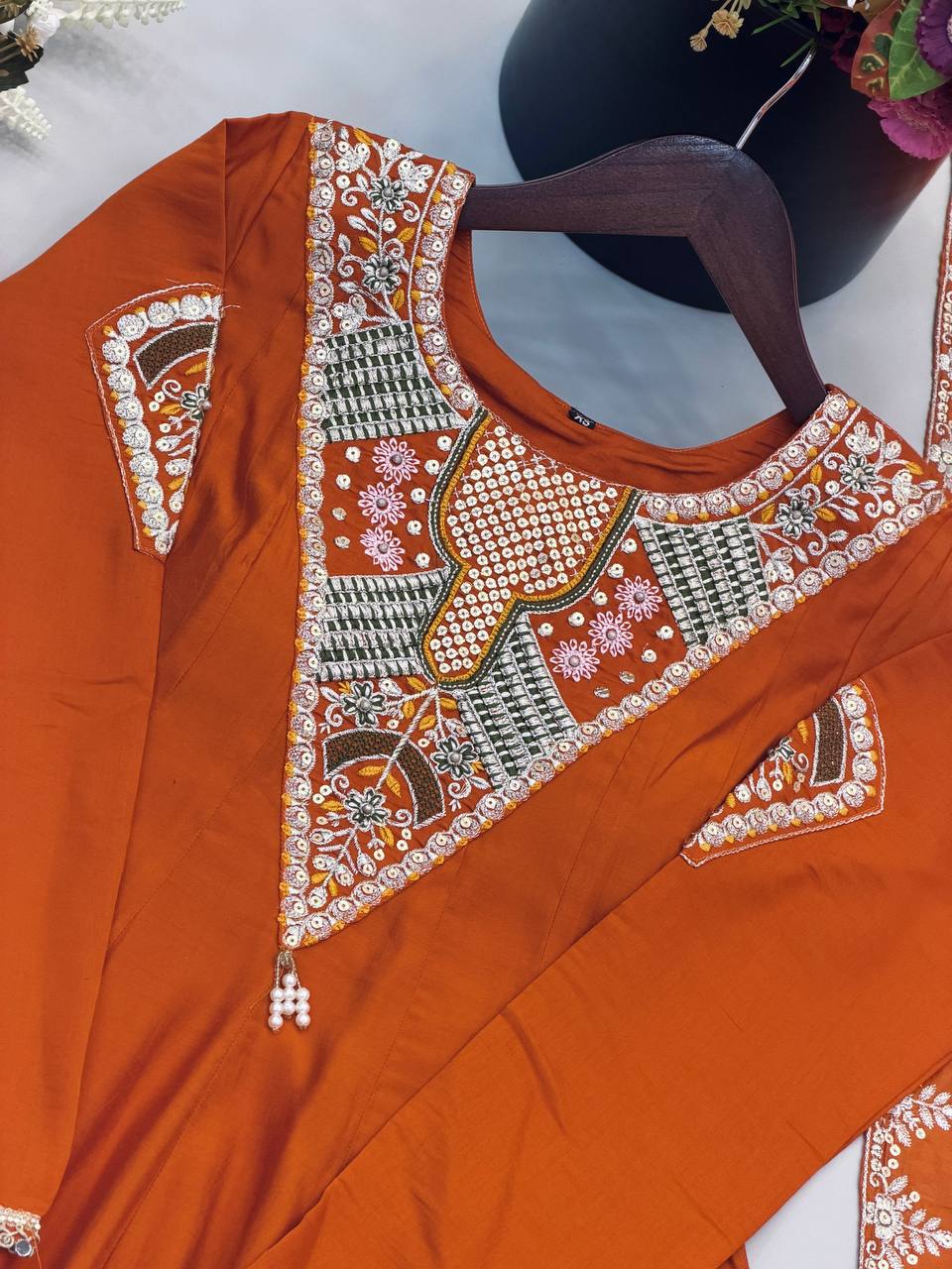 RangBhoomi Elegant Embroidered Sequence with Real Mirror Designer Anarkali Three Piece Set