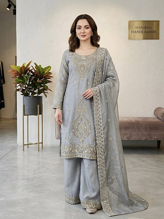Elegant Designer Party Wear Top, Palazzos, and Dupatta Set with Intricate Heavy Embroidery and Beaded Detailing