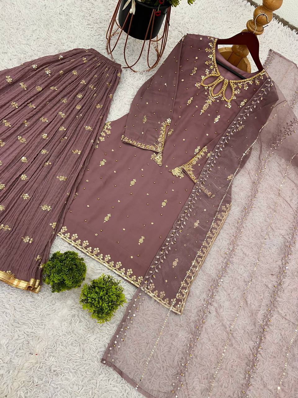 Elegant Combo Outfit Set for Adults and Kids with Embroidered Faux Georgette and Tissue Net Dupatta