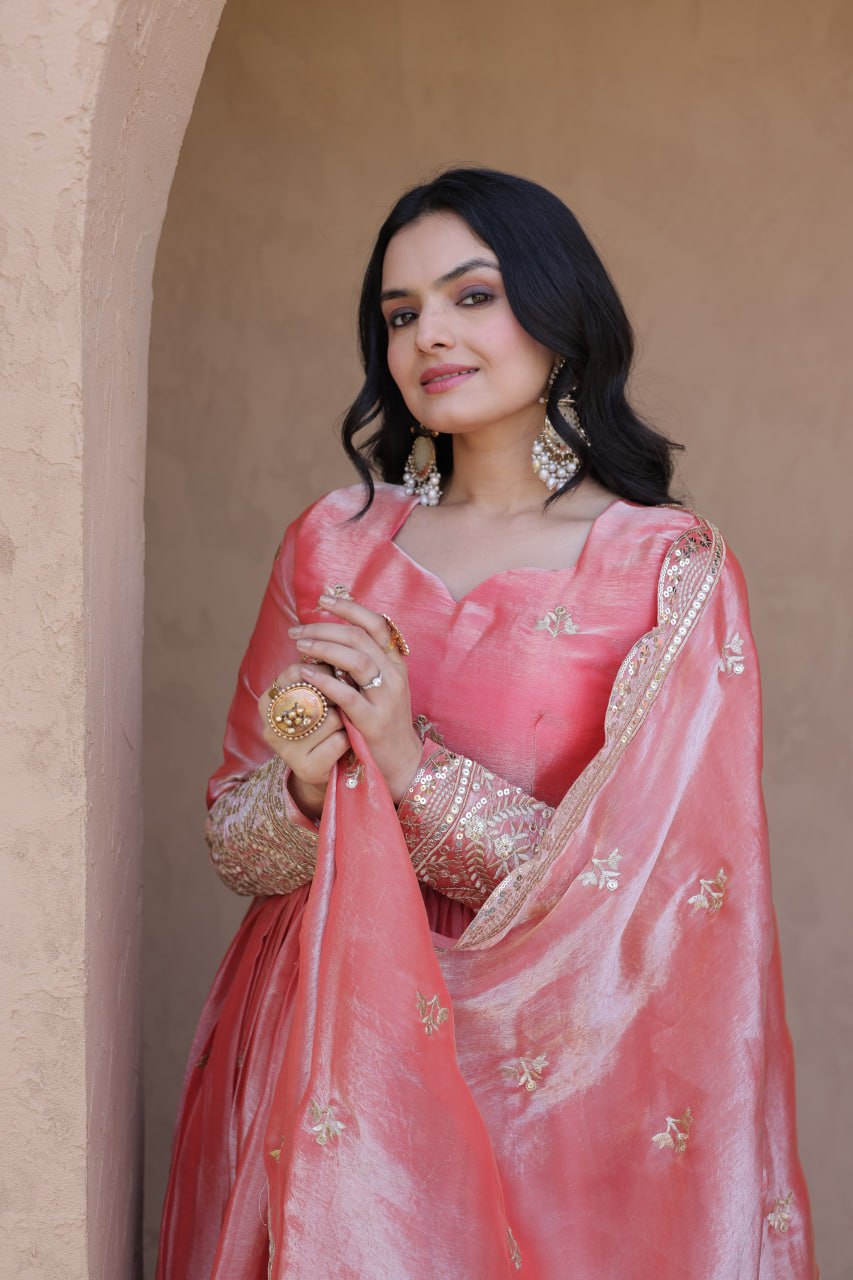 RangBhoomi Fendi Silk Sequined Gown with Dupatta – Elegant Full-Sleeve Designer Set