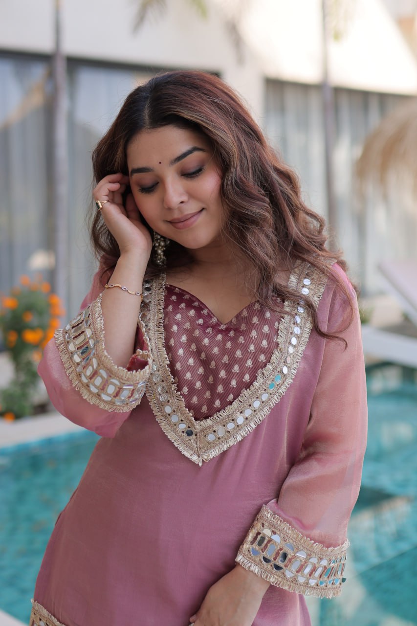 RangBhoomi Ready-Made Elegant Top and Pants Set with Matching Batwa