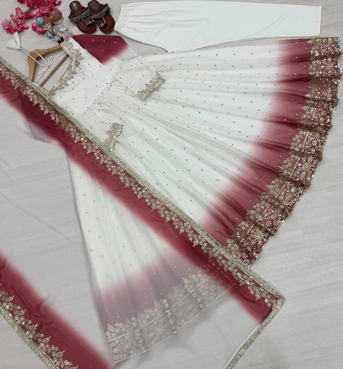 RangBhoomi Dual Tone Embroidered Georgette Anarkali Gown Set with Dupatta & Bottom