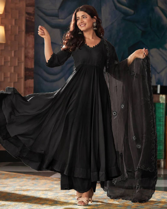RangBhoomi Black Georgette Anarkali Set with Mirror Embroidery — Eid Special