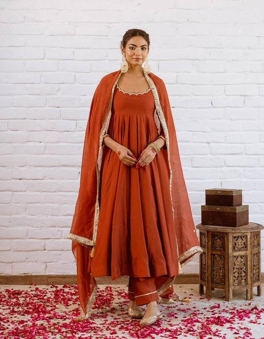 Elegant Anarkali Evening Gown with Beaded Detailing, Full Sleeves, and Vichitra Silk Fabric - Includes Bottom and Dupatta