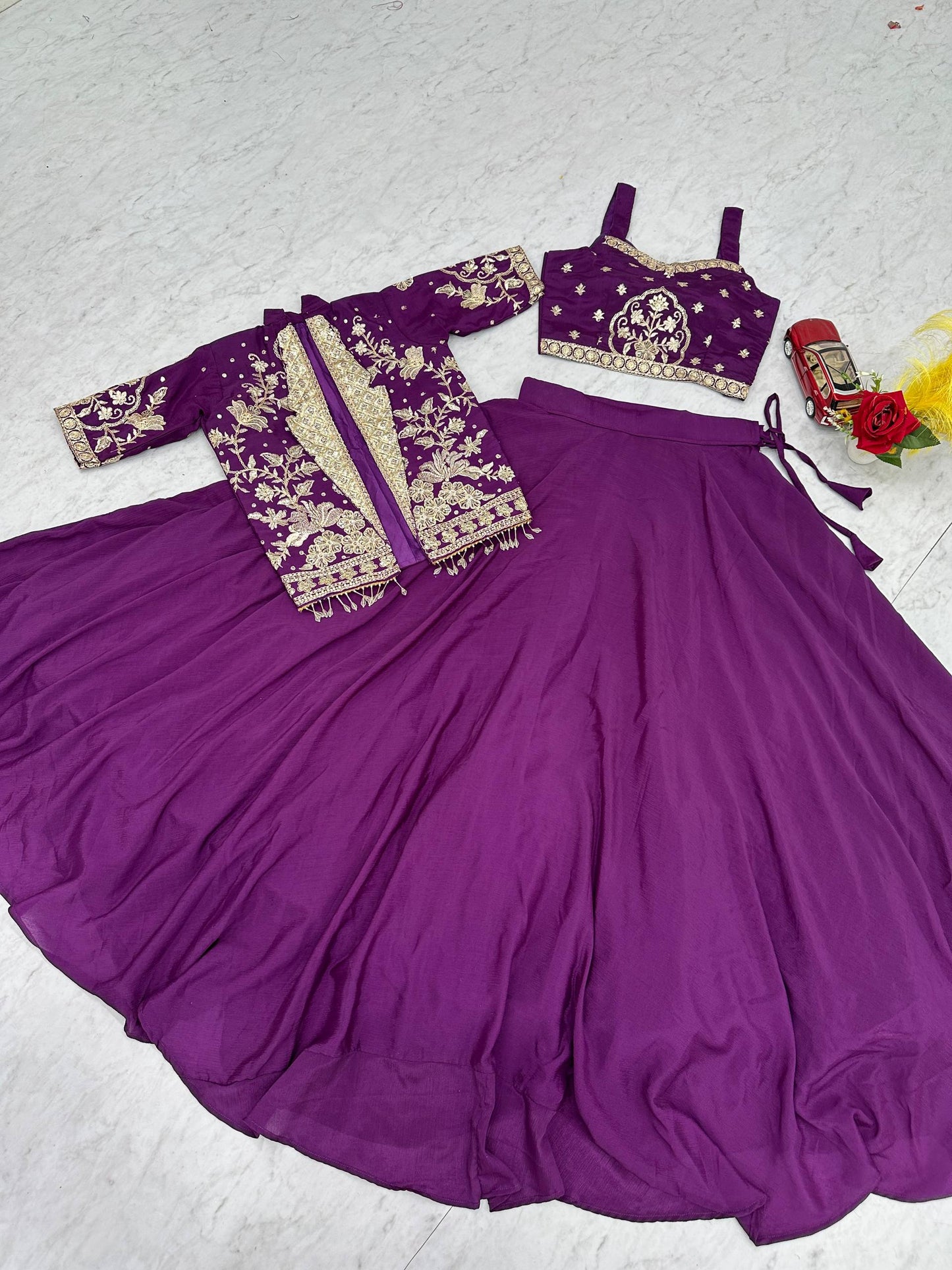 RangBhoomi Festival Special Embroidered Chinon Crop Top Set with Lehenga and Jacket