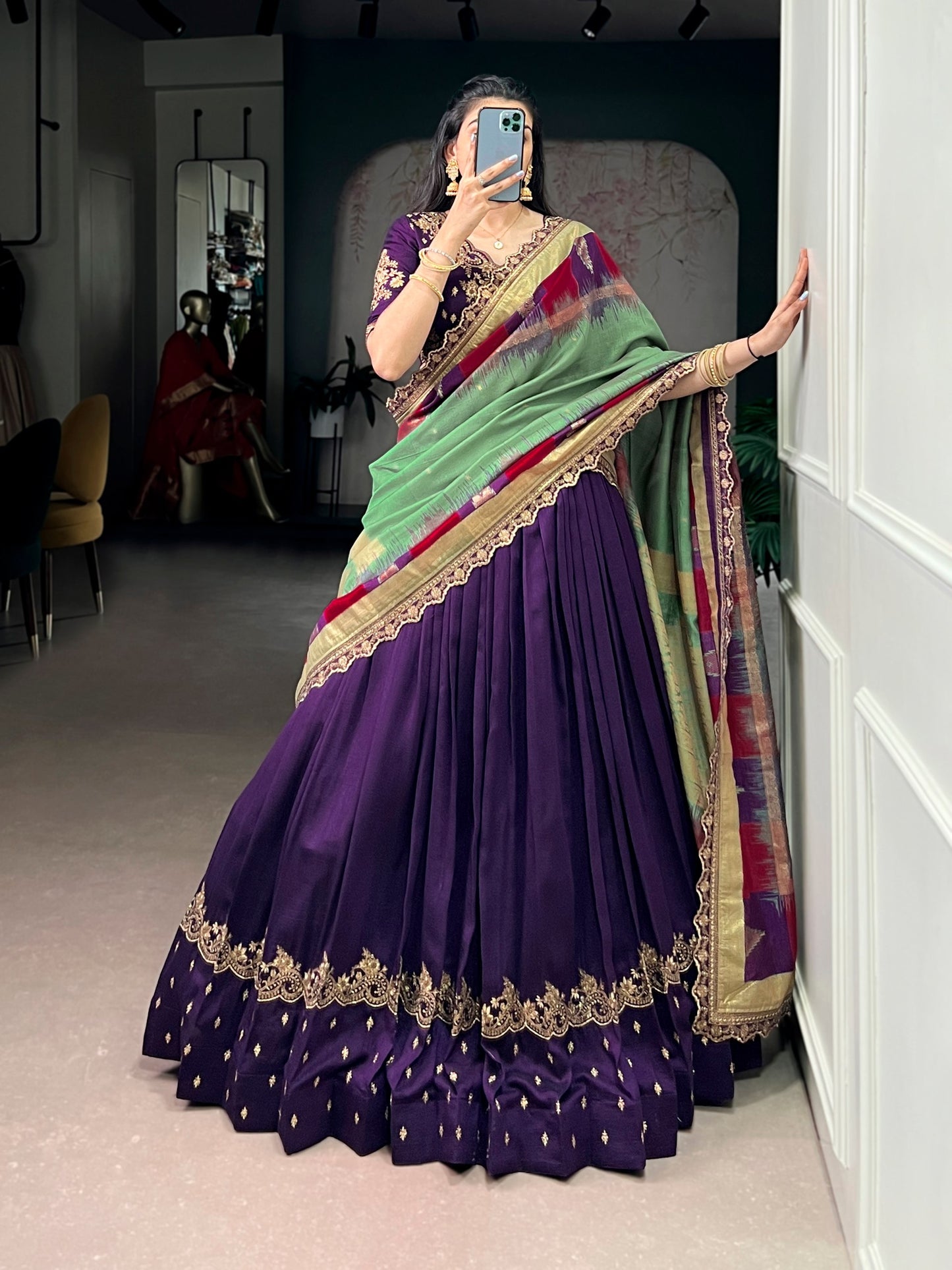 Elegant Vichitra Silk Lehenga Choli for Weddings and Festivals – Thread Embroidery & Sequins Detailing, Stitched Skirt and Unstitched Blouse, Includes Foil-Printed Dupatta with Lace Border