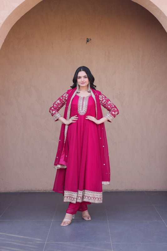 RangBhoomi Premium Readymade Gown Set with Pant & Dupatta - Faux Blooming Embroidered