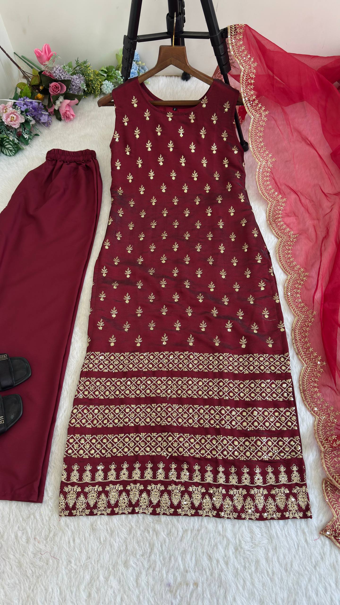 Roman Glass Satin Elegant Women's Suit Set with Golden Zari and Sequins Detailing