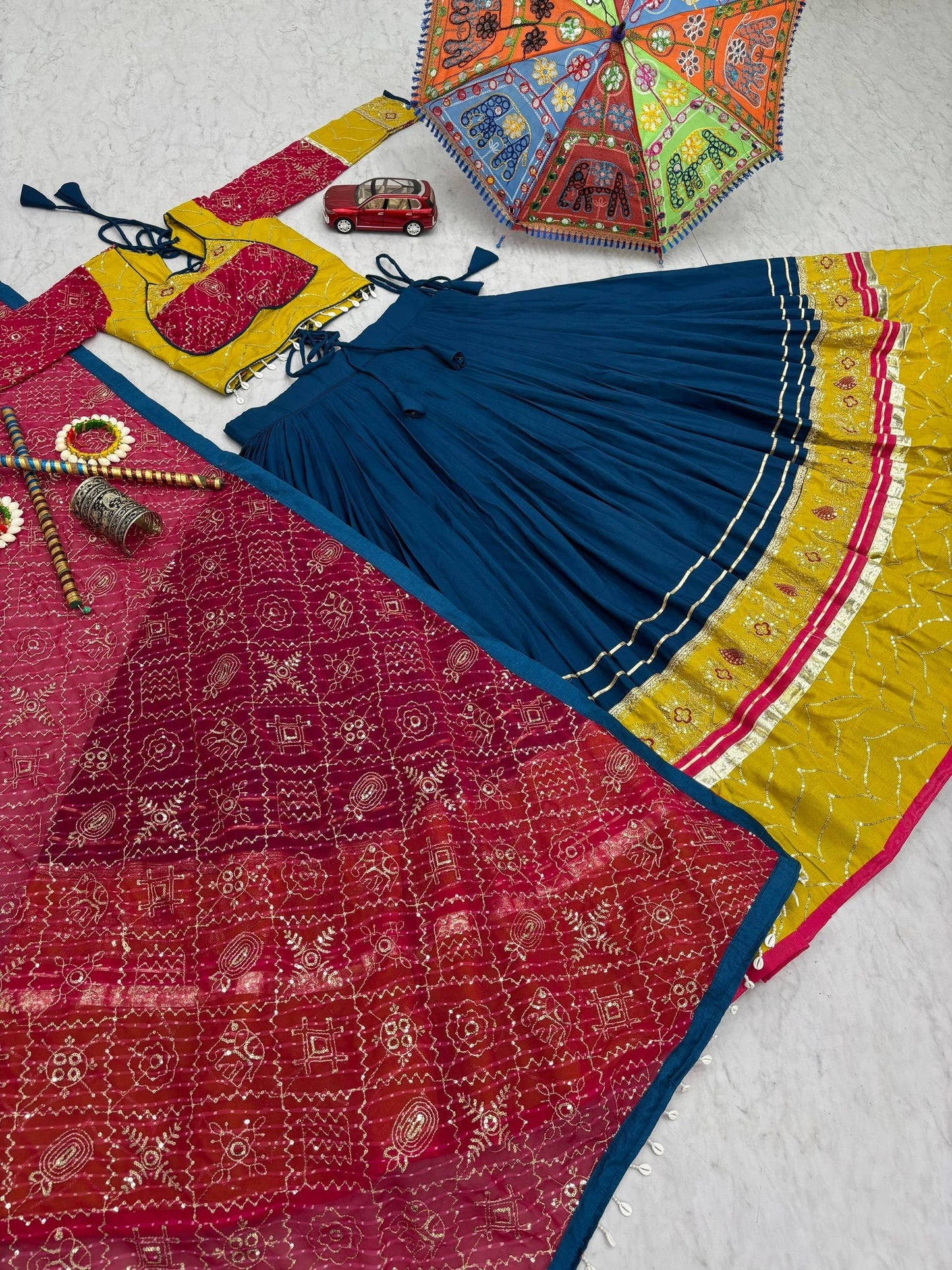 RangBhoomi Navratri Special Pure Cotton Embroidered Lehenga Choli with 6m Flair and Heavy Dupatta