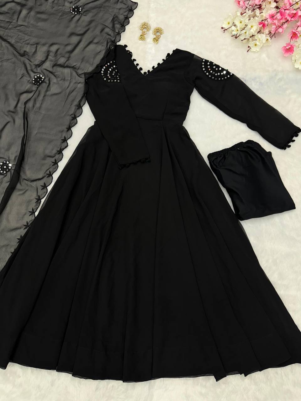 RangBhoomi Black Georgette Anarkali Set with Mirror Embroidery — Eid Special
