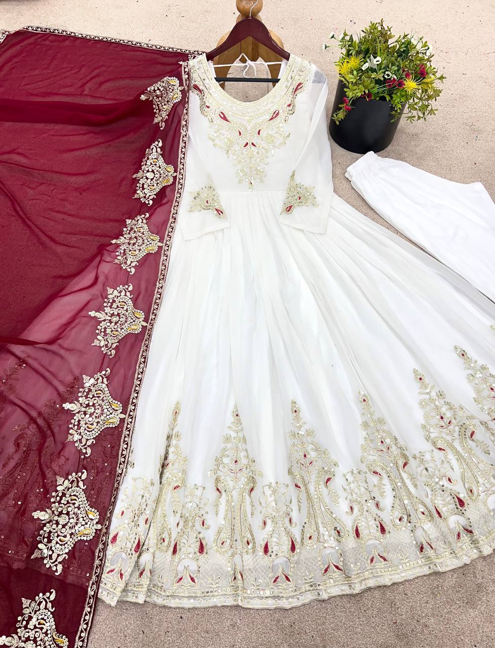 RangBhoomi Heavy Designer Party Wear Gown with Dupatta — Full-Sleeve Embroidered Georgette