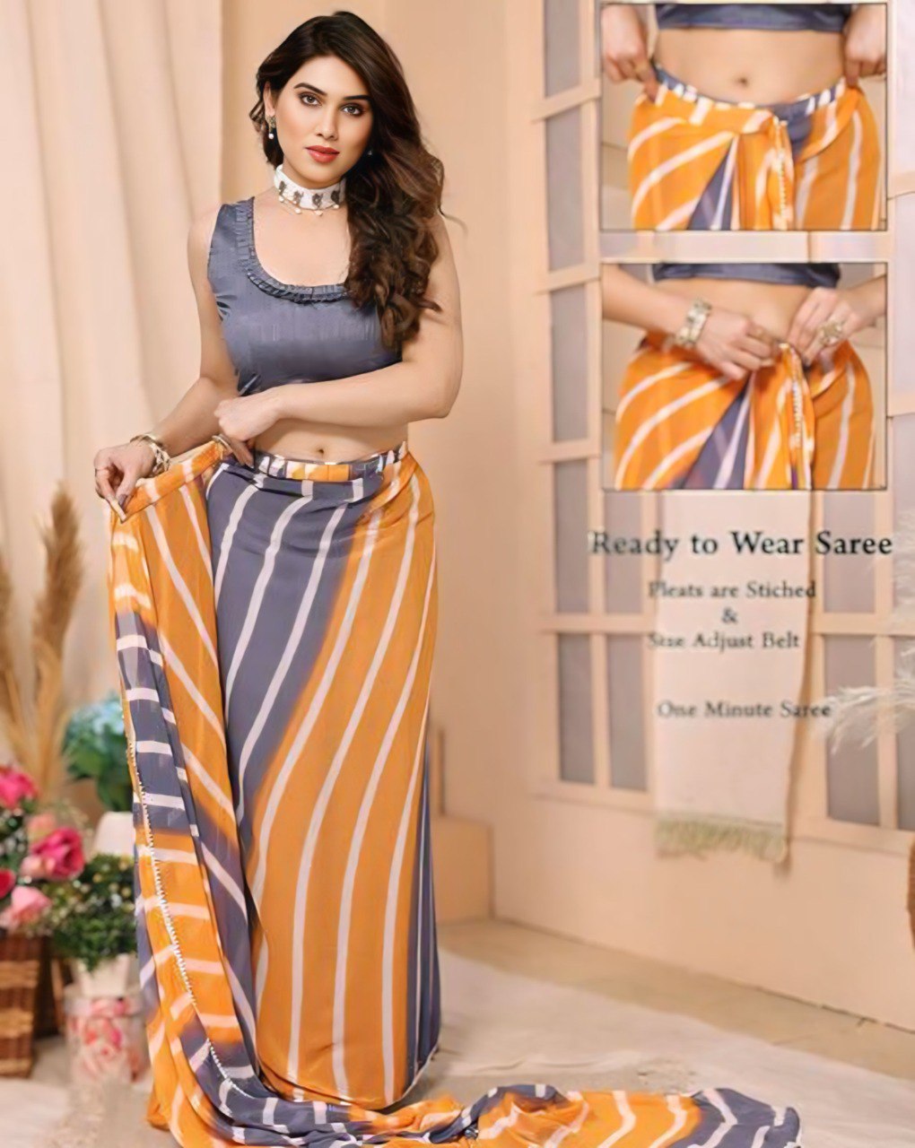 Elegant grey and orange ready to wear saree with striped pattern.