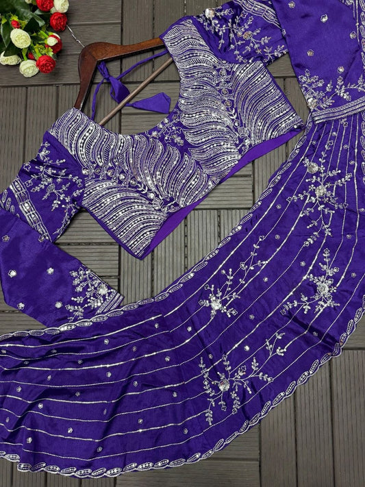 Elegant Embroidered Sequined Chinon Lehenga Choli Set with Full Stitching and 4-Meter Flair