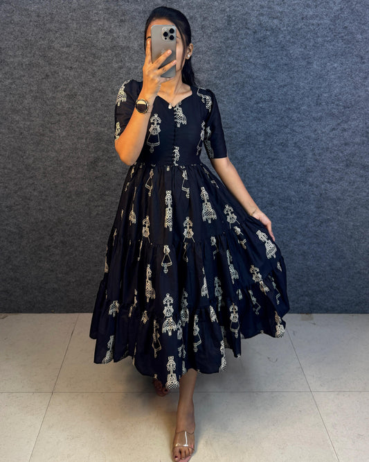 RangBhoomi Exclusive Hand-Block Printed Pure Cotton Warli Art Maxi Gown with Side Pocket