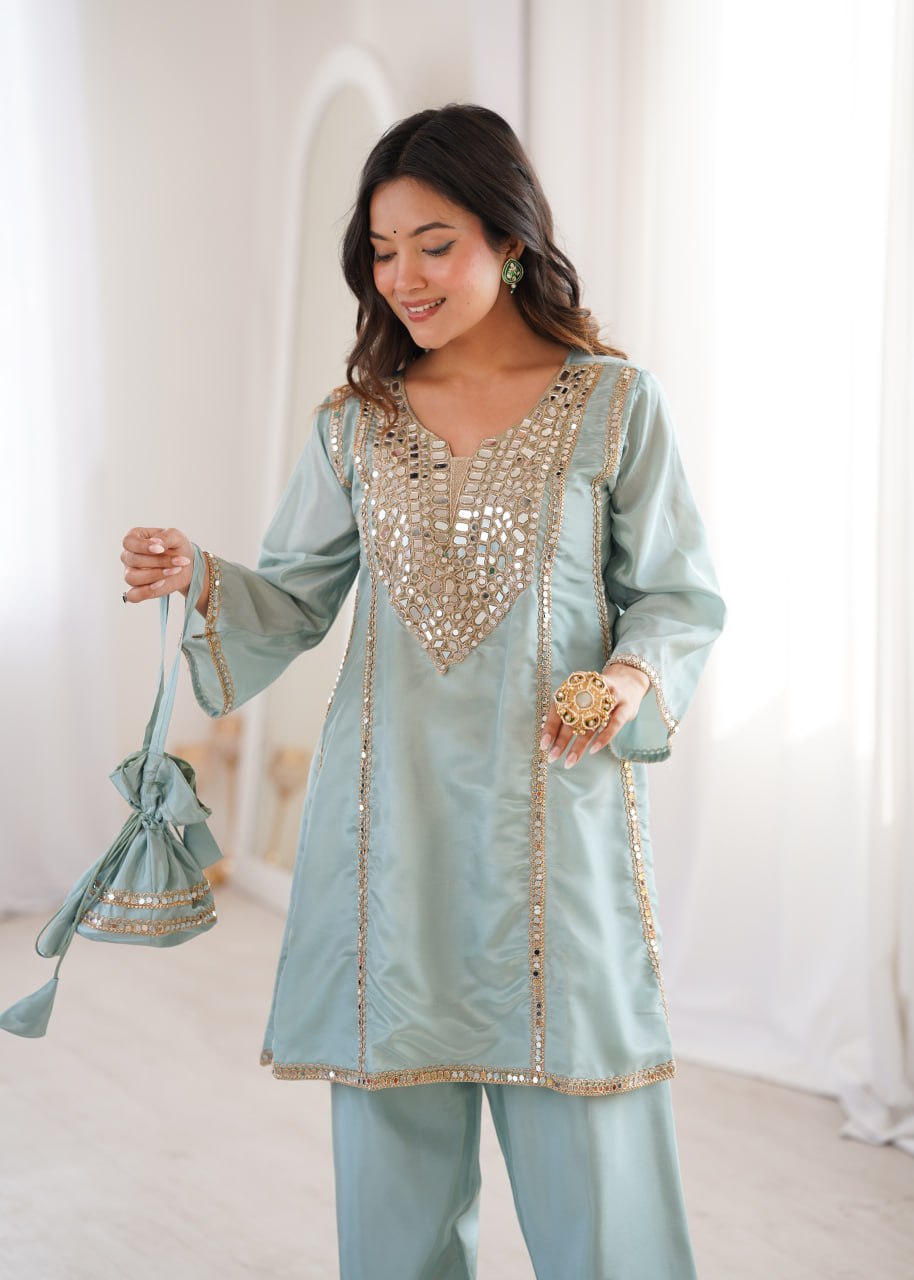 Ready-to-Wear Kurti and Pant Set with Decorative Drawstring Bag - Mirror Embroidered Collection 2026