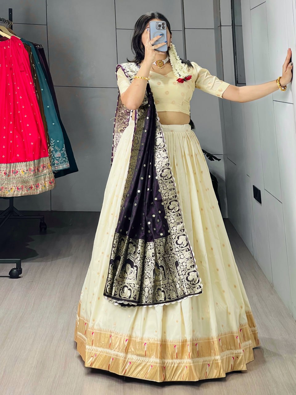 Exquisite Paithani Silk Lehenga Choli with Iconic Gold Zari Border and Satin Silk Dupatta