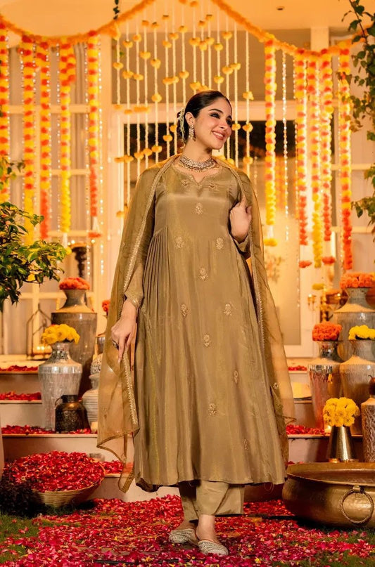 RangBhoomi Elegant 3-Piece Festival Set in Chanderi Silk with Organza Dupatta