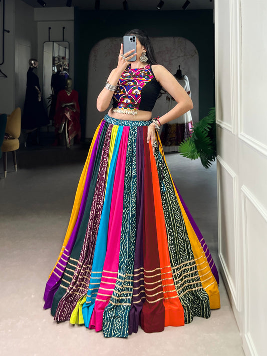 RangBhoomi Rainbow Rasiya Navratri Multicolour Pure Rayon Lehenga Set