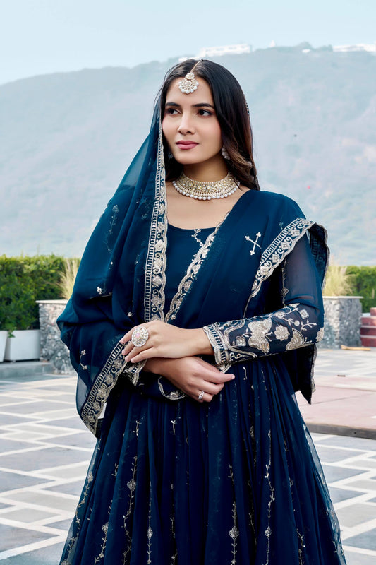 RangBhoomi Festival Long Gown with Matching Dupatta – Elegant Fox Georgette Ensemble with Heavy Sequin Embroidery