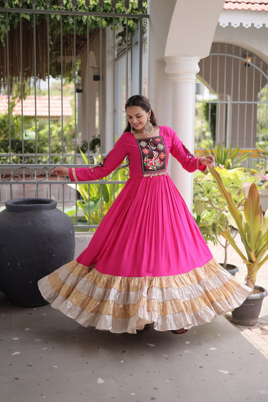 RangBhoomi Navratri Gown Collection 2026 — 14KG Rayon Kutchi Gamthi Thread Work, 12m Flair