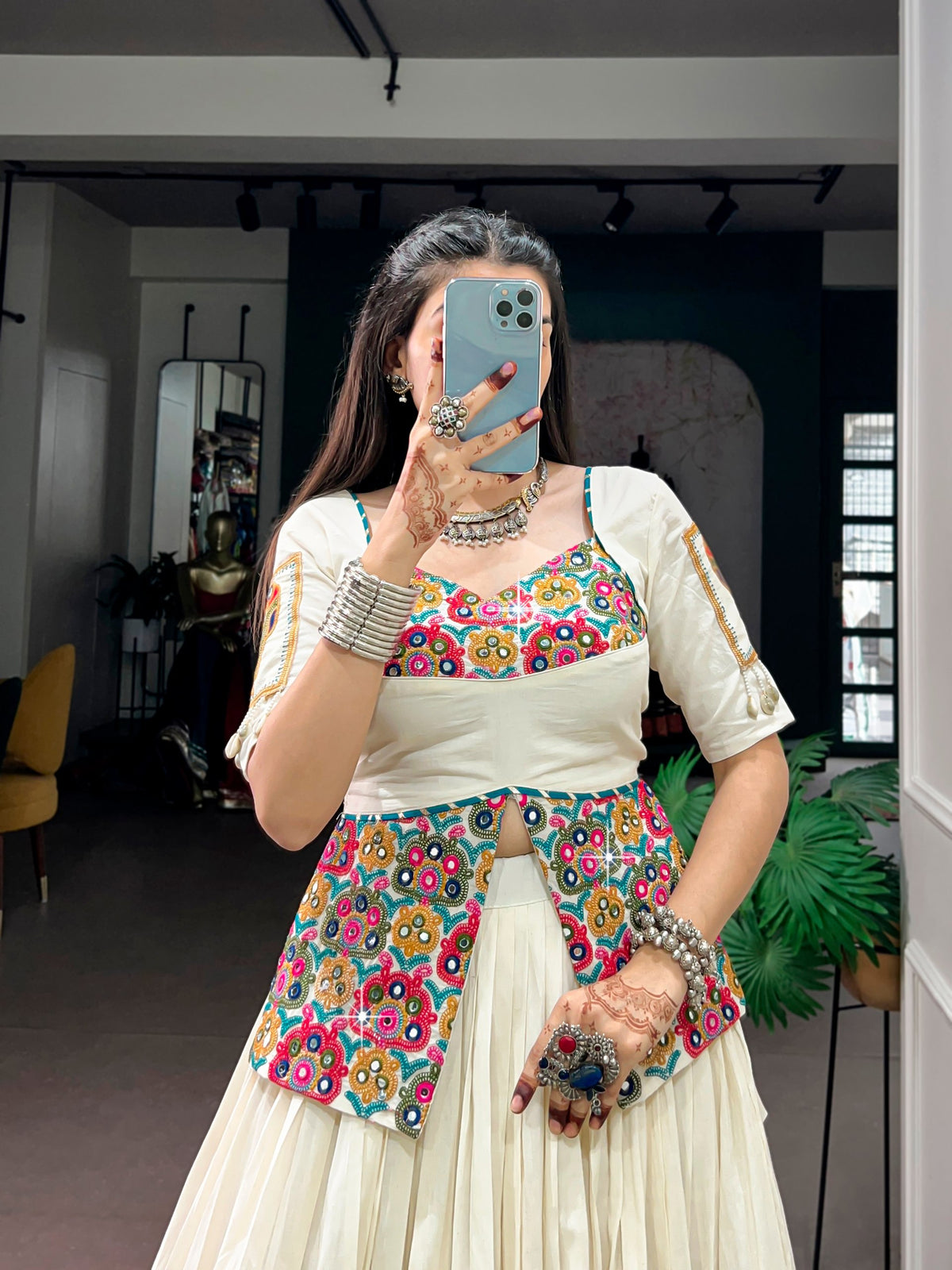 RangBhoomi Khadi Cotton Navratri Lehenga with Multicolor Panel Borders and Gamthi Blouse