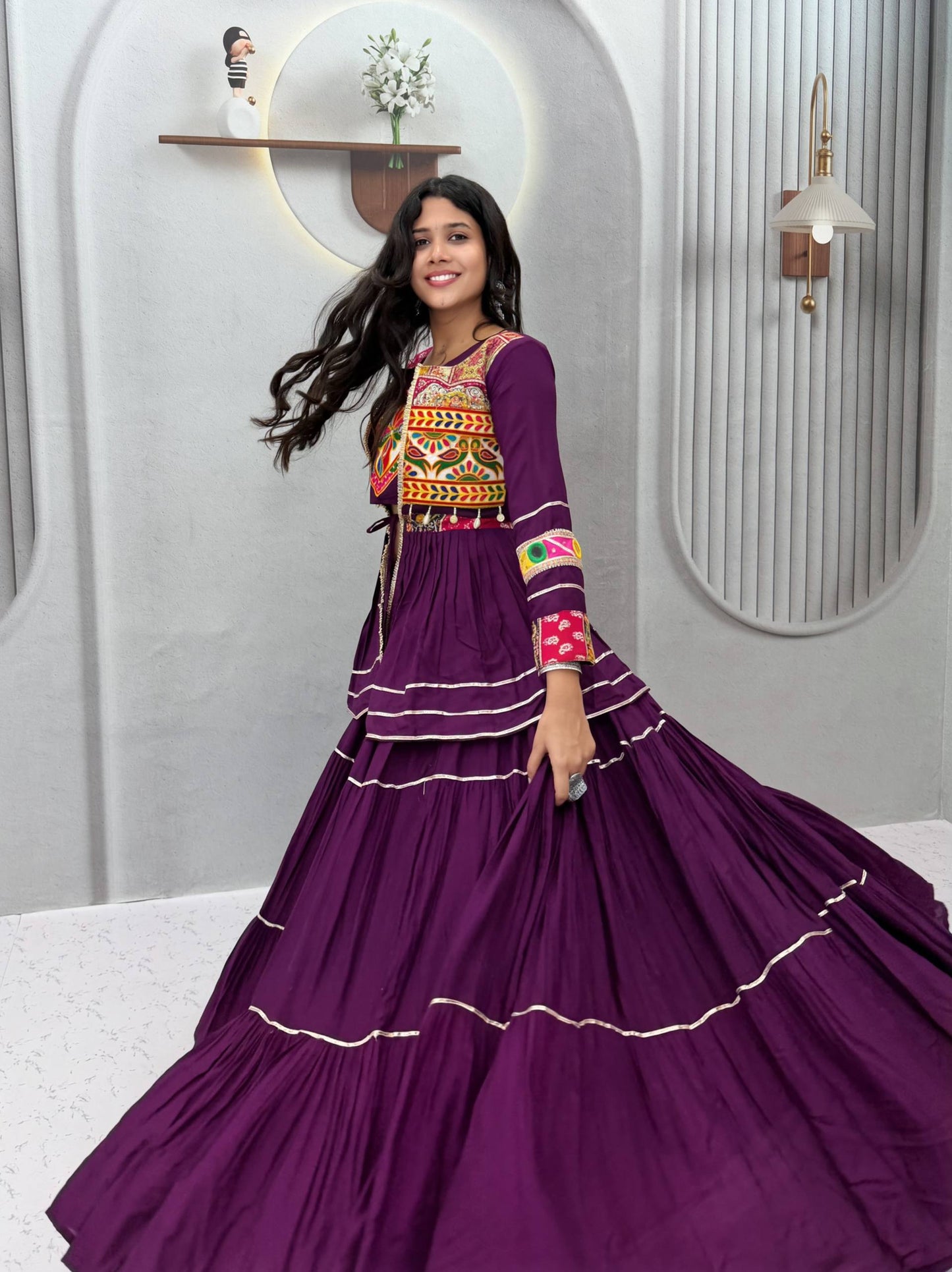 RangBhoomi Navratri Special Gamathi Work 9m Flair Pure Cotton Lehenga Choli - Fully Stitched