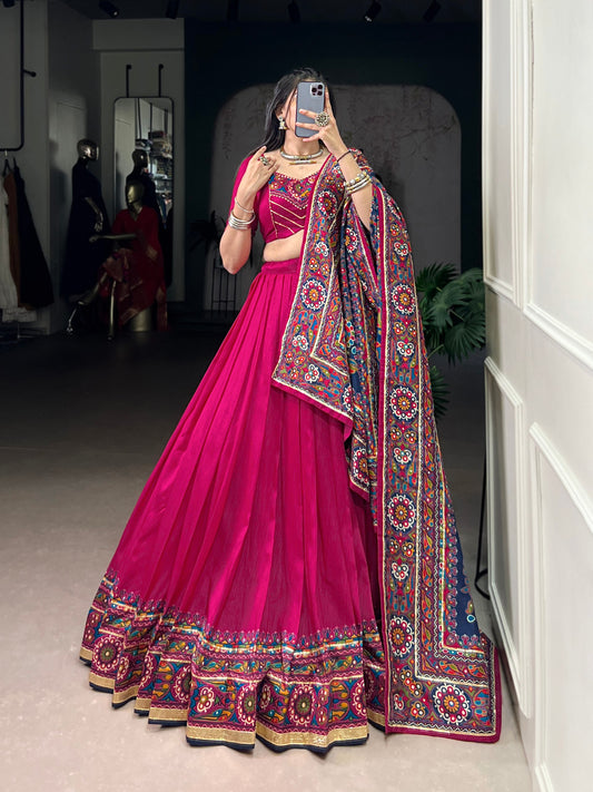 Elegant Tassar Silk Lehenga with Gamthi Print – Perfect for Celebrating Navratri in Style
