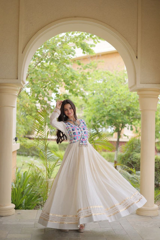 RangBhoomi Navratri Embroidered Kora Cotton Gown — Parrot & Off-White