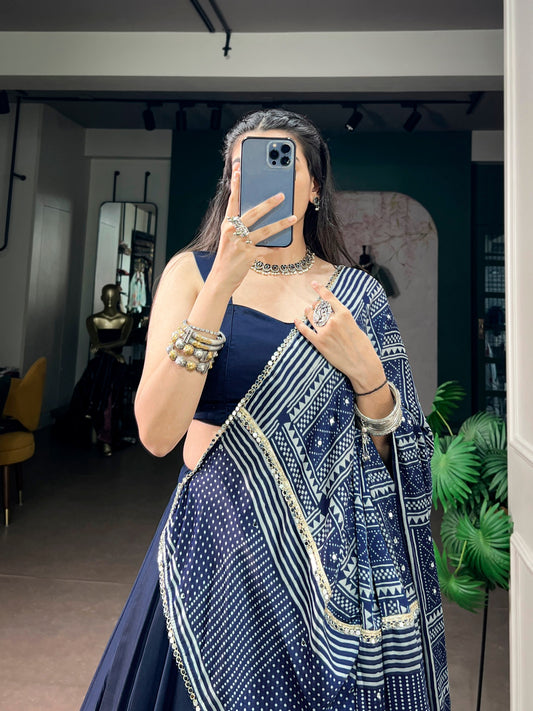 RangBhoomi Moonga Silk Navratri Lehenga Set with Printed Satin Dupatta