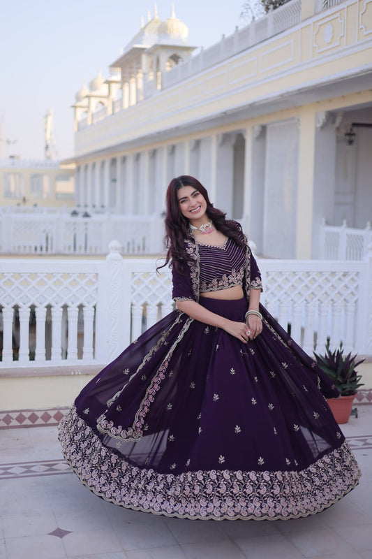 Elegant Lehenga Choli and Dupatta Set with Intricate Sequins and Zari Embroidery