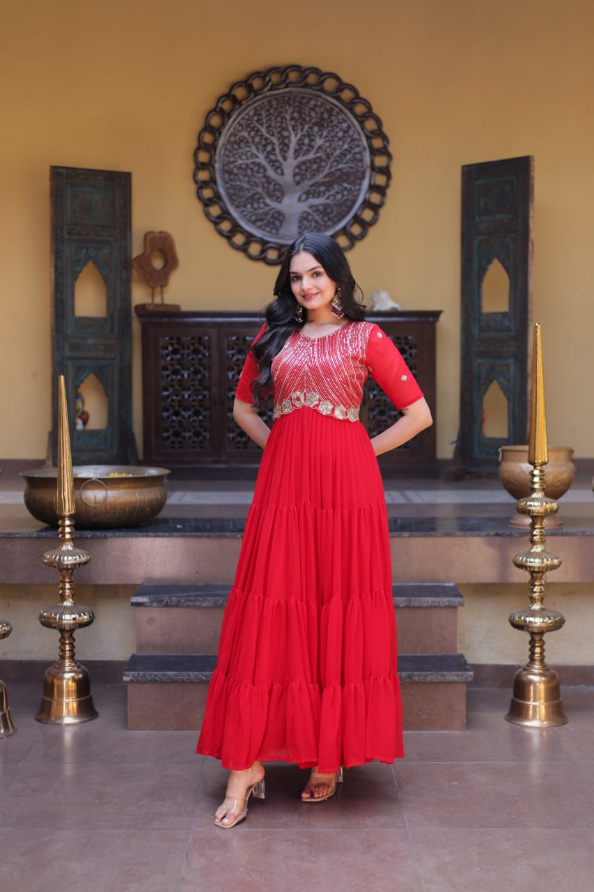 RangBhoomi Premium Designer Ready-to-Wear Gown Collection in Red and Pink