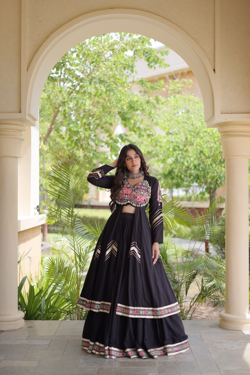 RangBhoomi Feather-Light Jacket Lehenga Set – Lotus Handwork, Long Jacket Ready-to-Wear